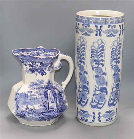 A Masons blue and white wash jug, an umbrella stand and another small item